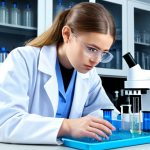 **A young ecology intern in a lab coat analyzing water samples in a modern laboratory with high-tech equipment. Focus on the serious and attentive expression of the intern, surrounded by beakers and test tubes.** (This visually represents the "Сбор данных: от поля до лаборатории" section and gives a sense of scientific engagement.)