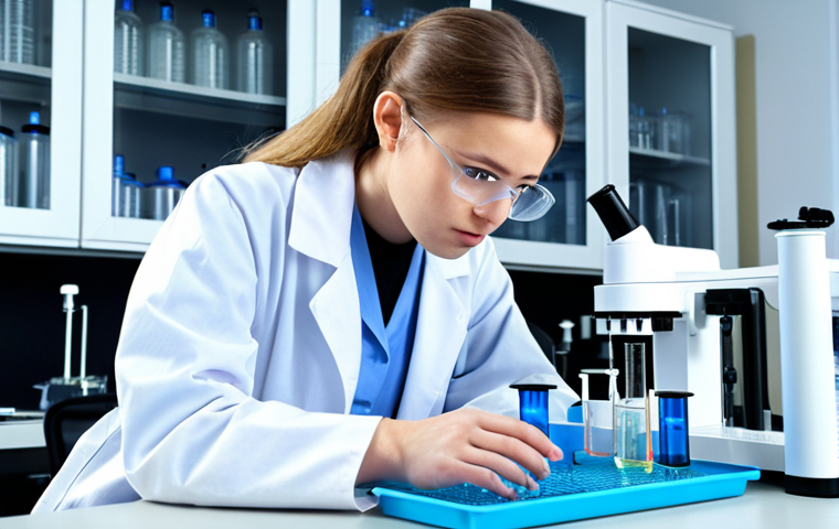 **A young ecology intern in a lab coat analyzing water samples in a modern laboratory with high-tech equipment. Focus on the serious and attentive expression of the intern, surrounded by beakers and test tubes.** (This visually represents the "Сбор данных: от поля до лаборатории" section and gives a sense of scientific engagement.)